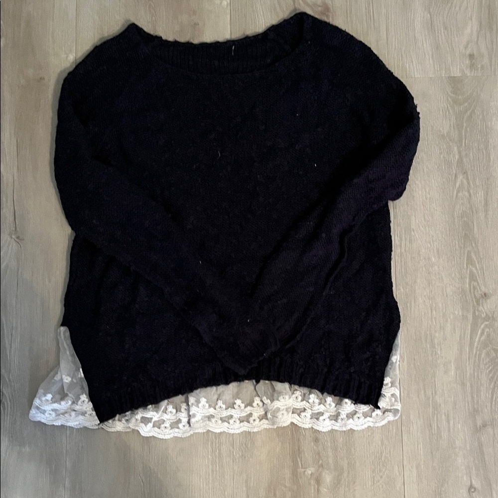Elegant Blue Sweater with Lace Trim in back